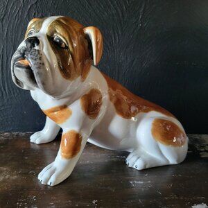 Large Vtg Ceramic Sitting Bulldog Handcrafted In Italy Brown and White 12" Long